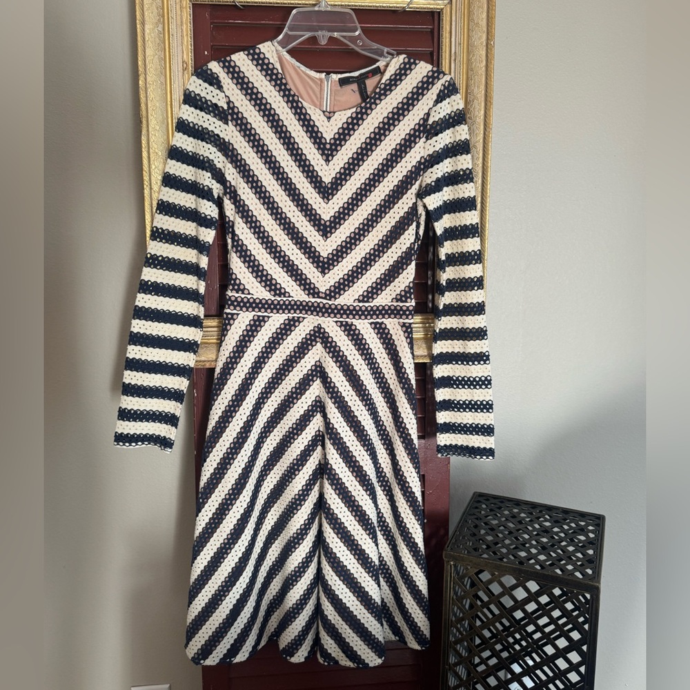 BCBGMaxAzria Navy and Cream Chevron Dress